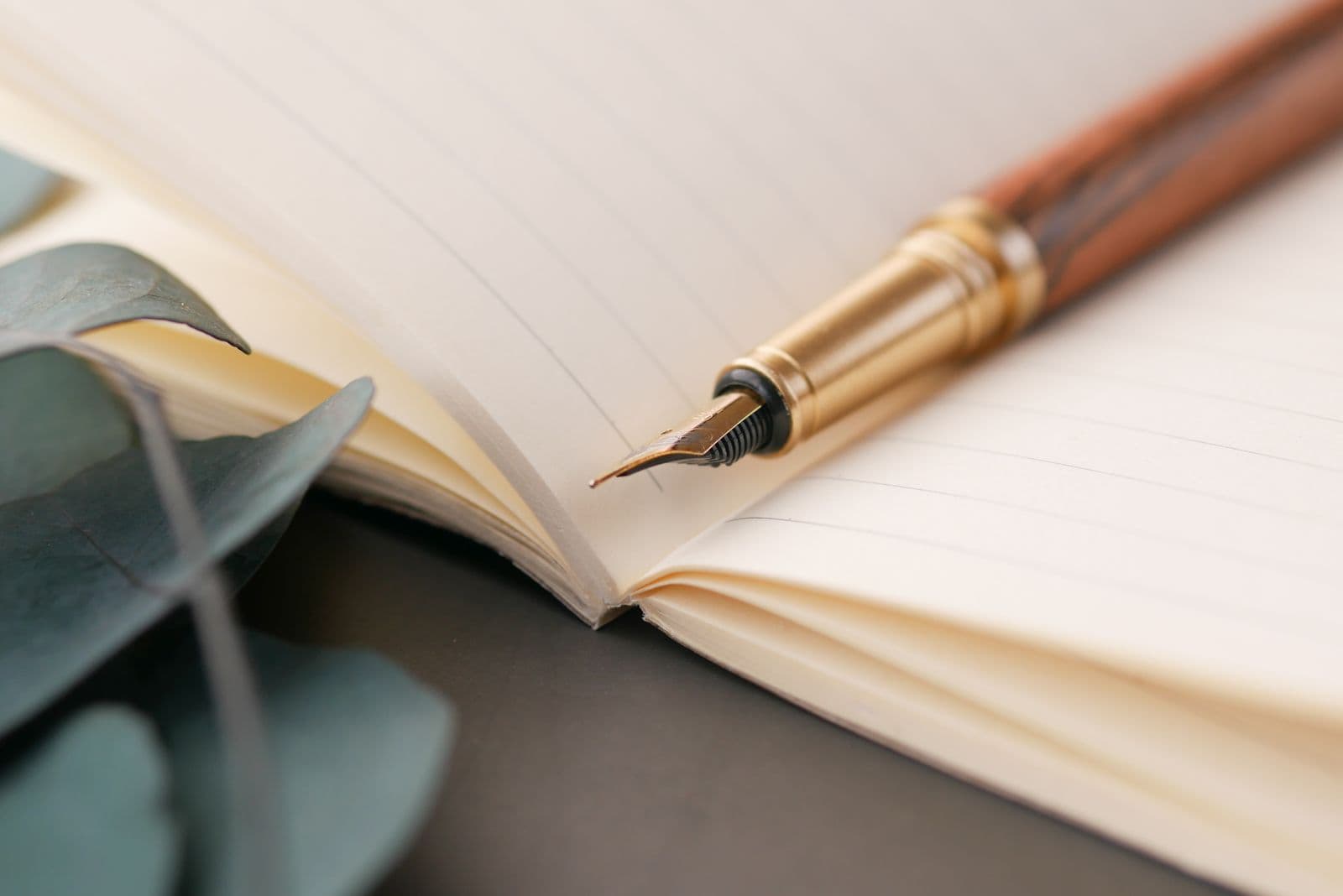 A fountain pen resting on a lined notebook
